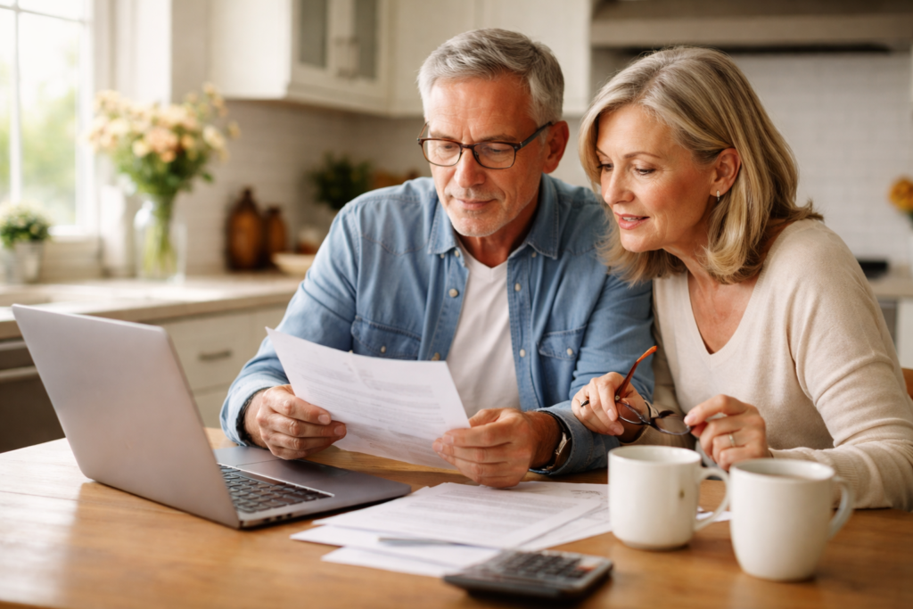 Older couple reviewing documents at a kitchen table with a laptop and coffee mugs. They appear focused and engaged in managing finances.