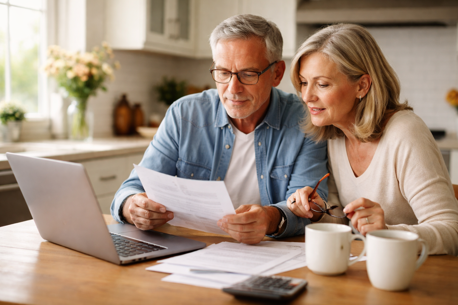 Older couple reviewing documents at a kitchen table with a laptop and coffee mugs. They appear focused and engaged in managing finances.